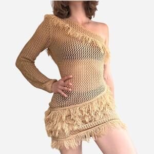 Crocheted sheer one shoulder fringe bodycon coverup beach dress - size S